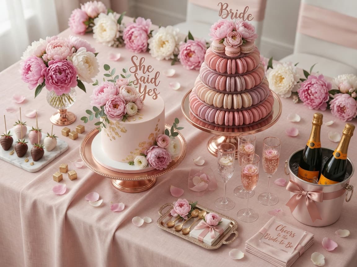 Blush bridal shower dessert table with macaron tower