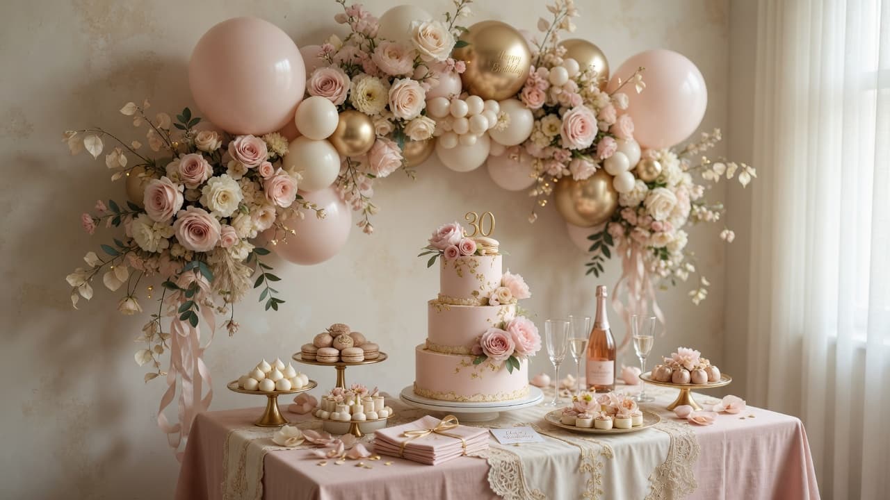 Blush birthday balloon garland and dessert table setup