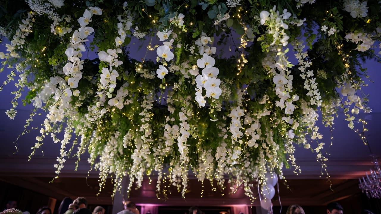 Outdoor floral ceremony arch at golden hour