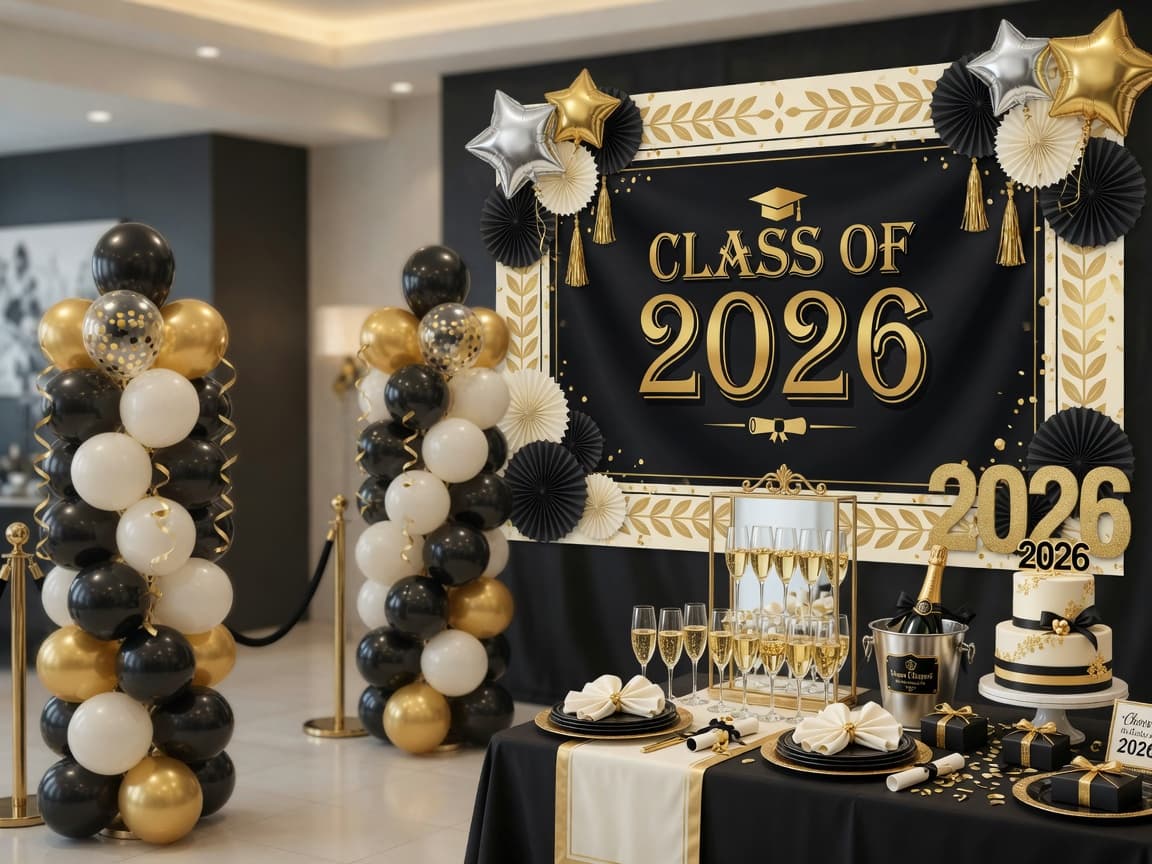 Black and gold graduation party décor with balloons