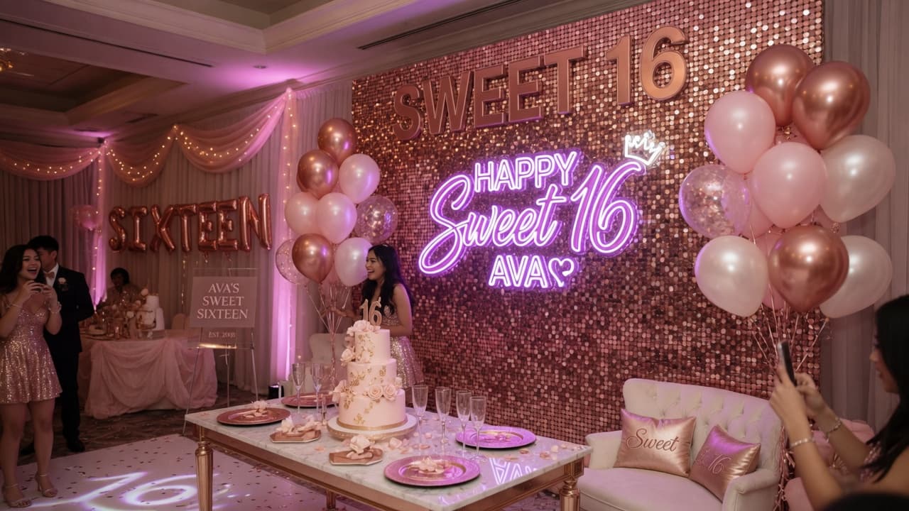 Rose gold sweet sixteen backdrop with neon sign