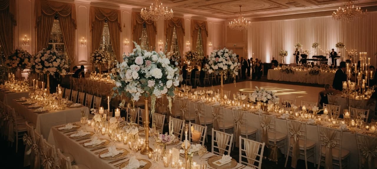 Candlelit ballroom reception with floral centerpieces